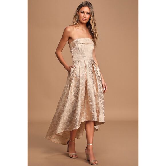 Lulus Floral Jacquard Strapless High Low Hem Formal Maxi Dress Size S - Picture 1 of 7